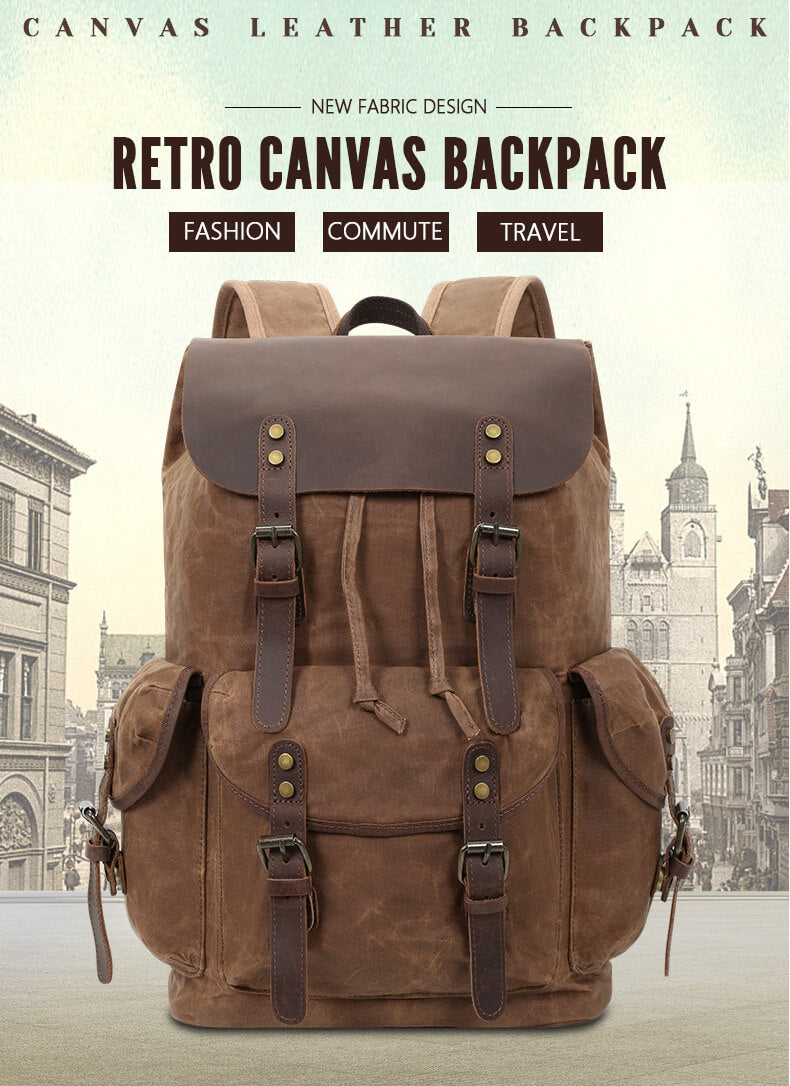 Vintage Canvas Laptop Backpack — Waterproof, 36-55L, Padded Computer Compartment