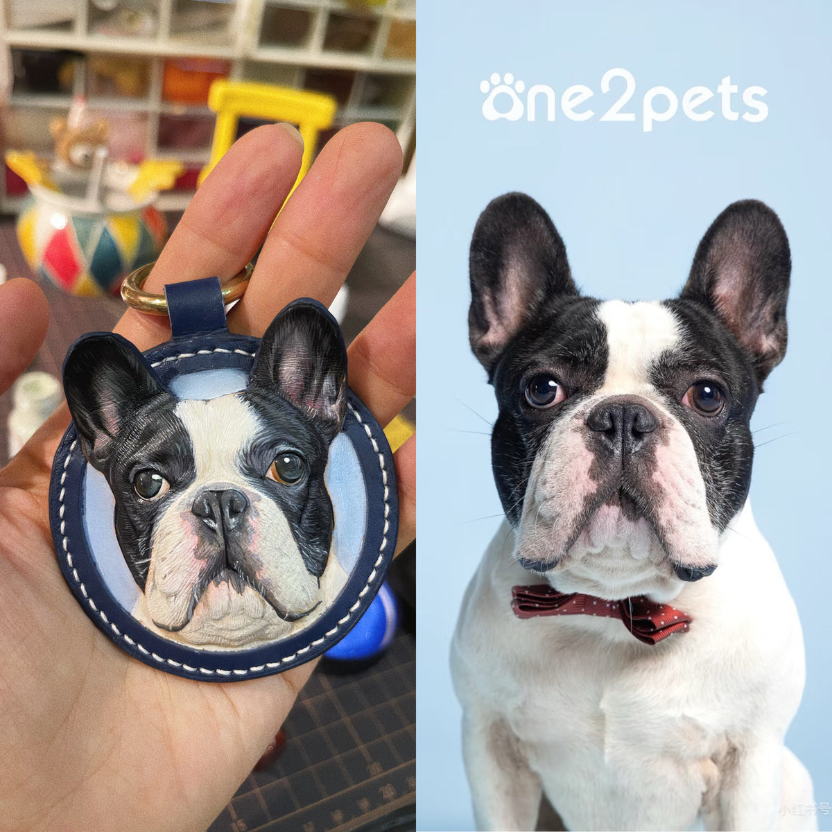 Finished custom leather pet charm with a solid copper fitting
