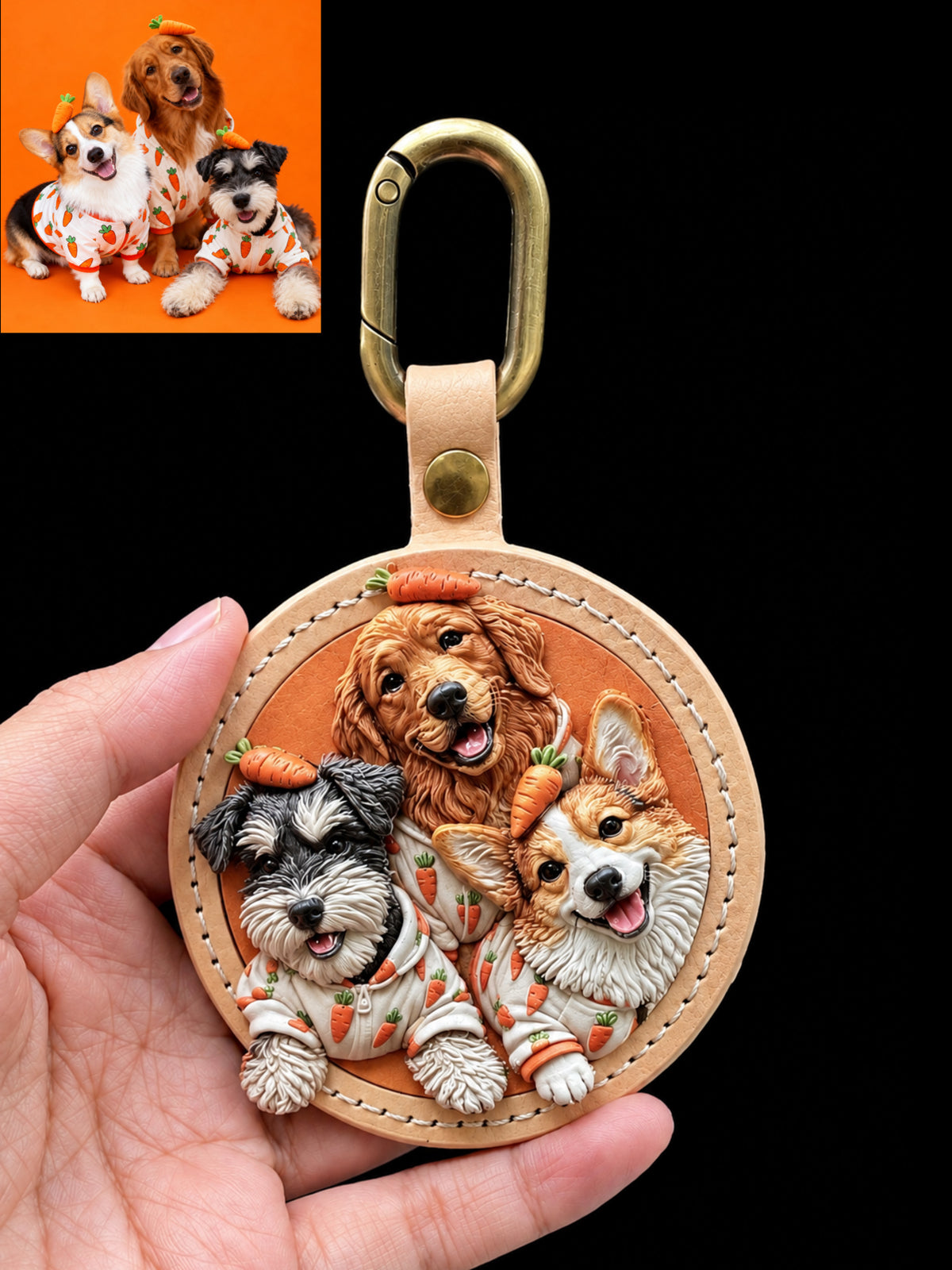 Custom pet portrait tag on a leather collar from the customized pet set