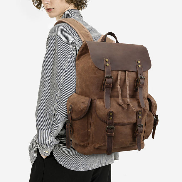 Sac à dos pour ordinateur portable en toile vintage — Imperméable, 36-55L, Compartiment rembourré pour ordinateur
