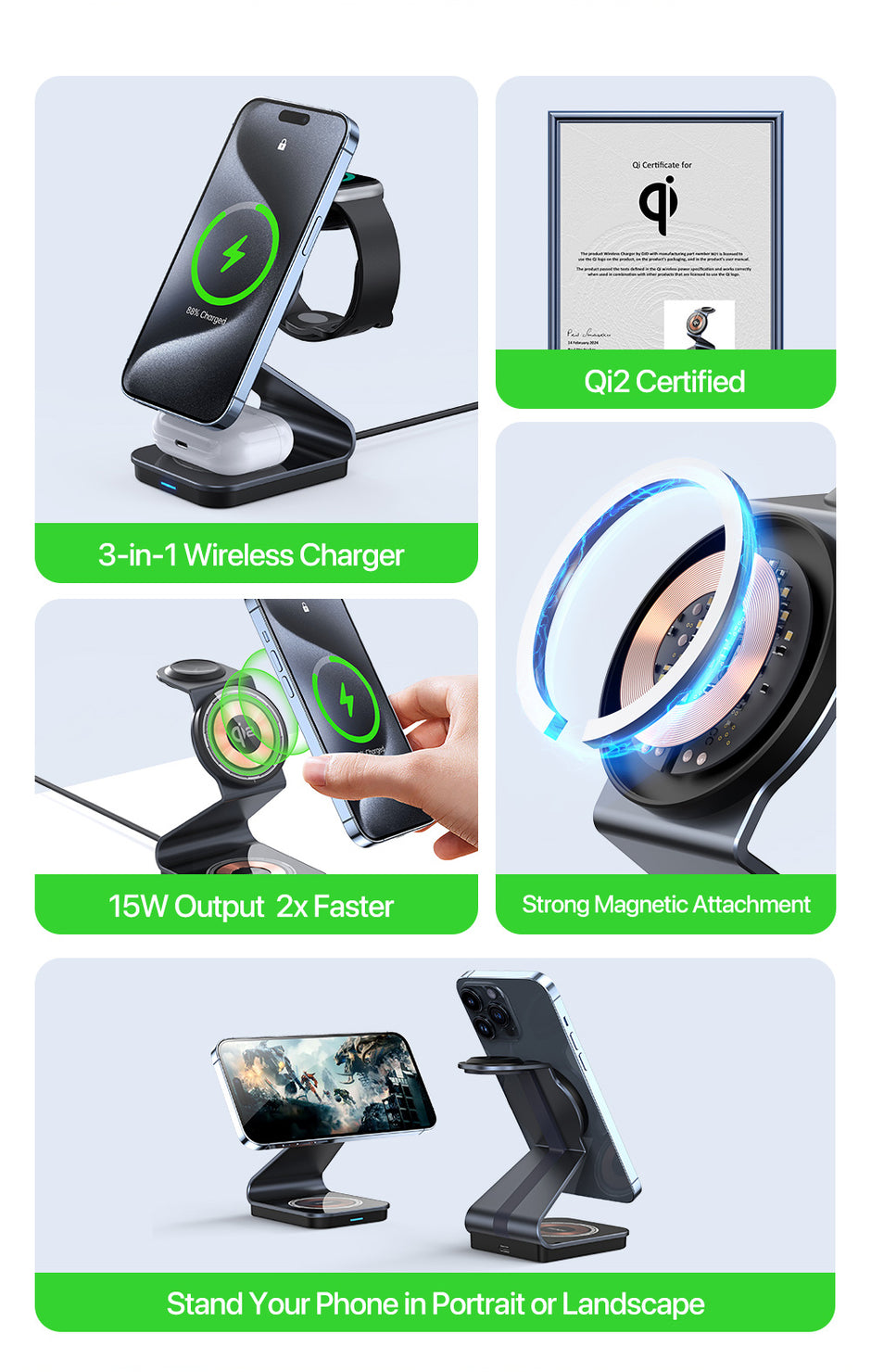 Sleek Fast-Charging 3-in-1 Wireless Charger – Simultaneously Power iPhone
