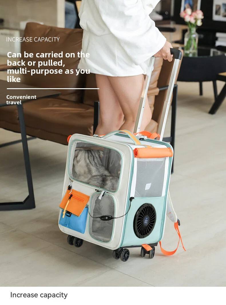 Large capacity pet carrier suitcase with wheels, multi-functional trolley case, transparent